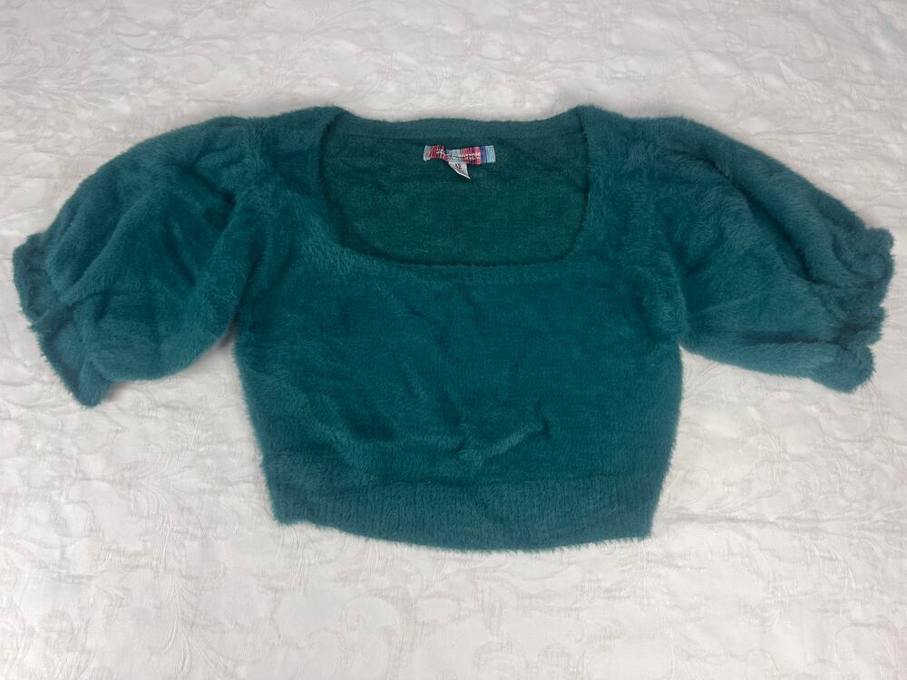 Urban Outfitters Teal Fuzzy Puff Sleeve Square Neck Cropped Sweater Womens XS